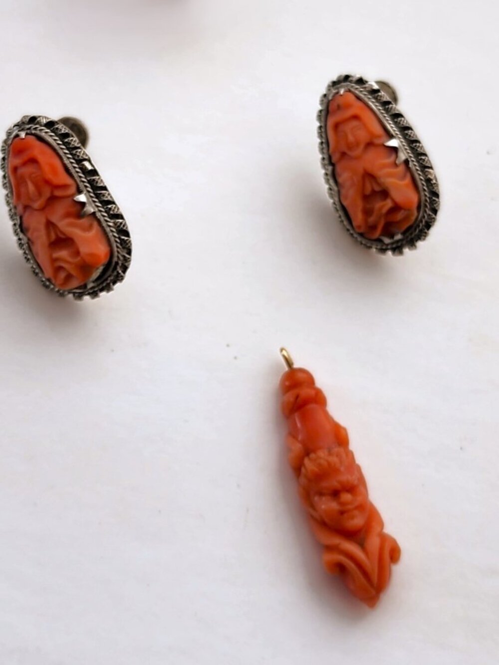 Antique Carved Coral & Silver Earrings + Pendant SET- Philip Klein San Francisco